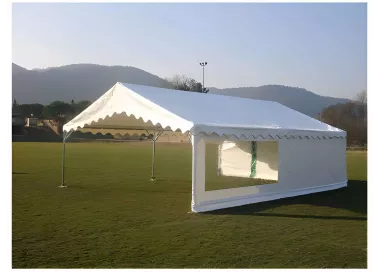 Tente de réception 6 x 8 m - Super Plein Air - 48 m² - Toit rayé vert/blanc + armature
