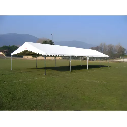 Tente de réception 6 x 16 m - Super Plein Air - 96 m² - Toit rayé bleu/blanc + armature