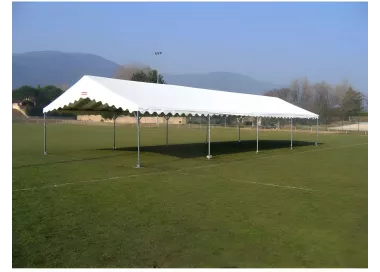 Tente de réception 6 x 16 m - Super Plein Air - 96 m² - Toit rayé bleu/blanc + armature