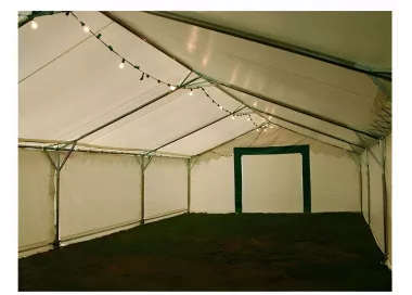 Tente de réception 6 x 16 m - Super Plein Air - 96 m² - Toit rayé bleu/blanc + armature
