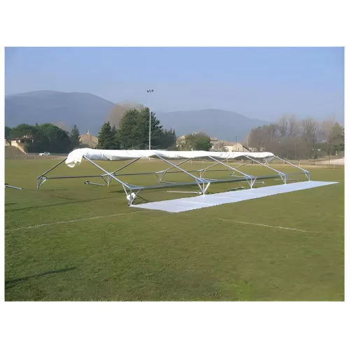 Tente de réception 6 x 16 m - Super Plein Air - 96 m² - Toit rayé bleu/blanc + armature