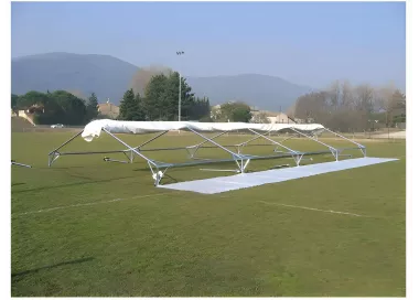 Tente de réception 6 x 16 m - Super Plein Air - 96 m² - Toit rayé bleu/blanc + armature
