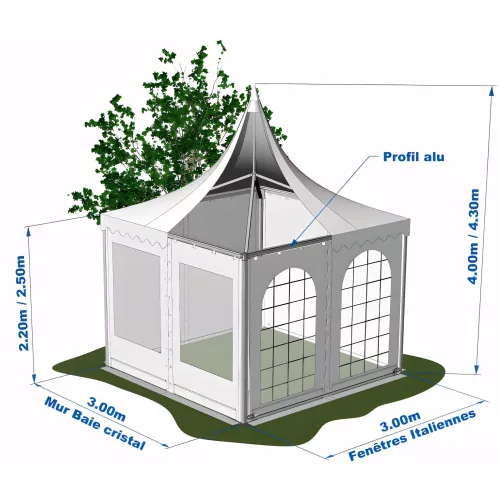 Tente Pagode Alu Garden - 3 x 3 m - Ht 2,20m - complète