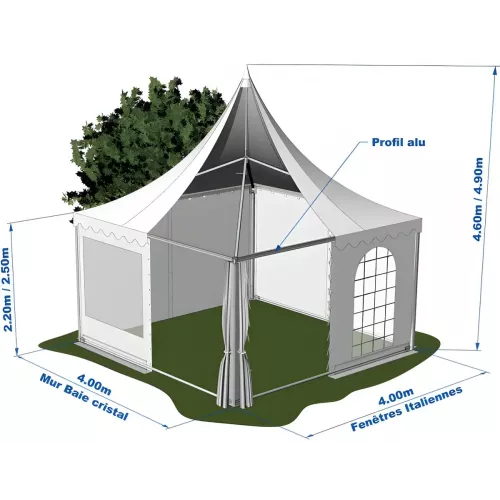 Tente Pagode Alu Garden - 4 x 4 m - Ht 2,50m - complète