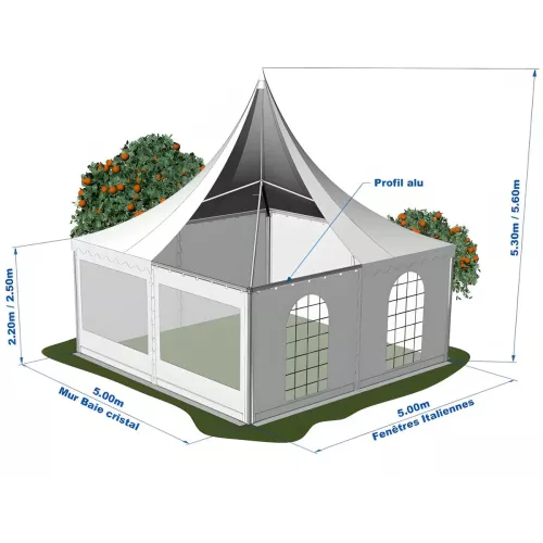 Tente Pagode Alu Garden - 5 x 5 m - Ht 2,50m - Complète