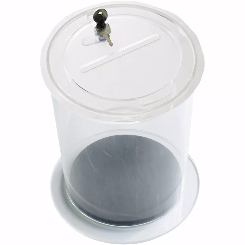 Urne ronde PMMA avec clés, fente 115x10mm Urne ronde PMMA avec clés, fente 115x10mm