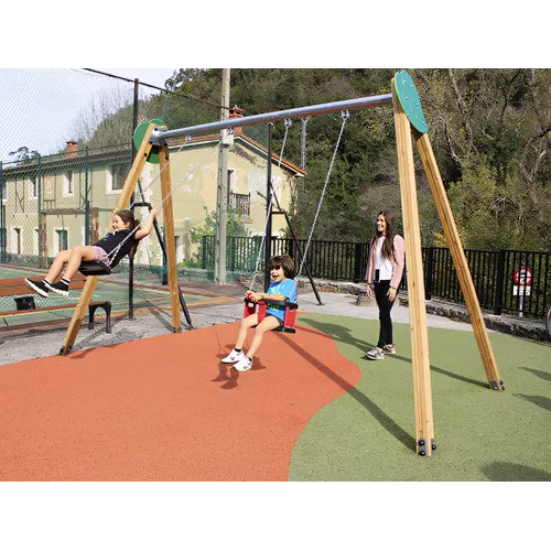 Balançoire Yera en bois traité structure galva + inox 2 sièges