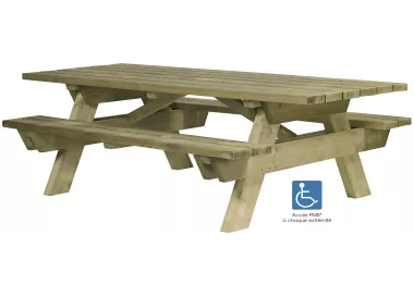 Table pique-nique BERLIN adapté PMR en pin du Nord classe IV. Lames épaisseur 45 mm
