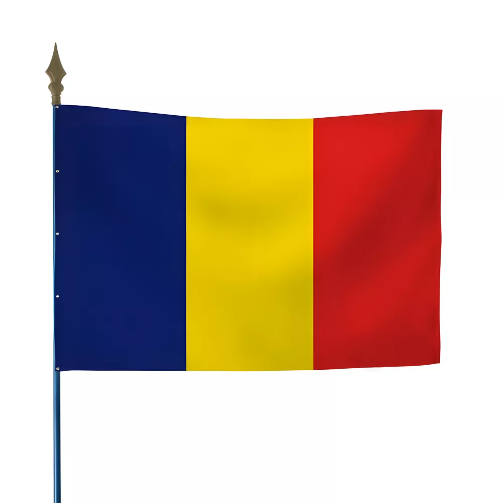 Drapeau Roumanie avec hampe et lance décorative Drapeau Roumanie avec hampe et lance décorative