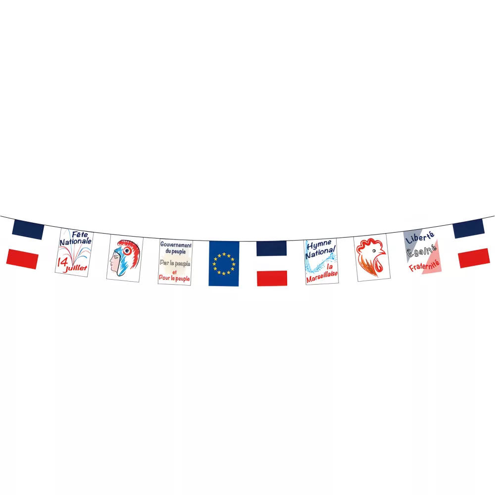 Guirlande 10 fanions symboles de la France 5 mètres Guirlande 10 fanions symboles de la France 5 mètres