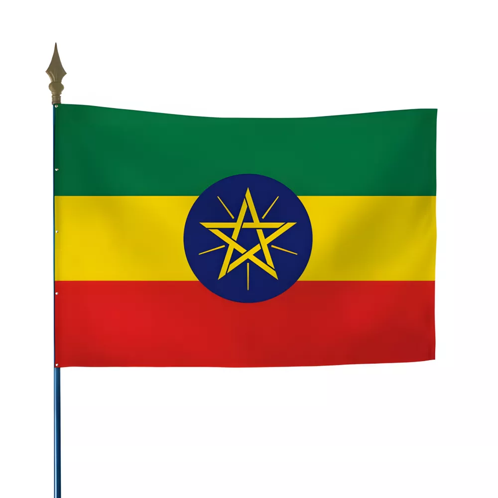 Drapeau Éthiopie en maille polyester avec hampe Drapeau Éthiopie en maille polyester avec hampe