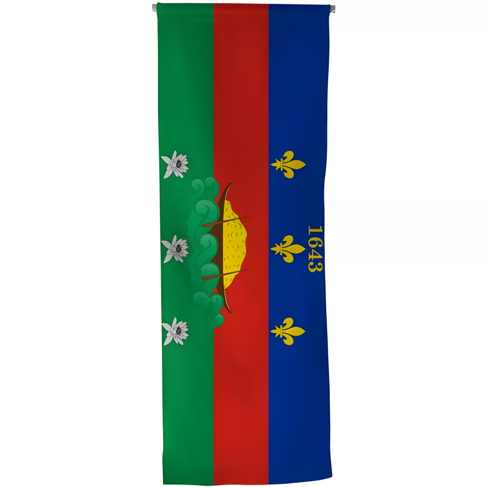 Oriflamme armoiries Guyane en maille polyester avec traverse Oriflamme armoiries Guyane en maille polyester avec traverse