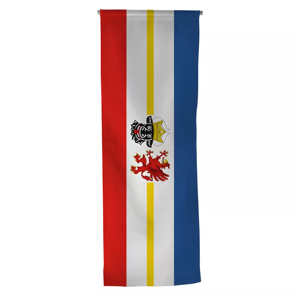 Oriflamme Mecklembourg-Poméranie-Occidentale en polyester avec traverse bois Oriflamme Mecklembourg-Poméranie-Occidentale en polyester avec traverse bois
