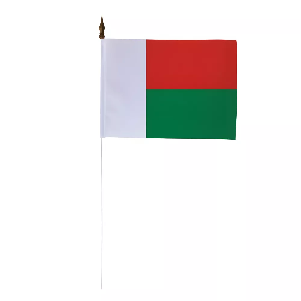 Drapeau de table Madagascar 10 x 15 cm polyester avec tige métal Drapeau de table Madagascar 10 x 15 cm polyester avec tige métal